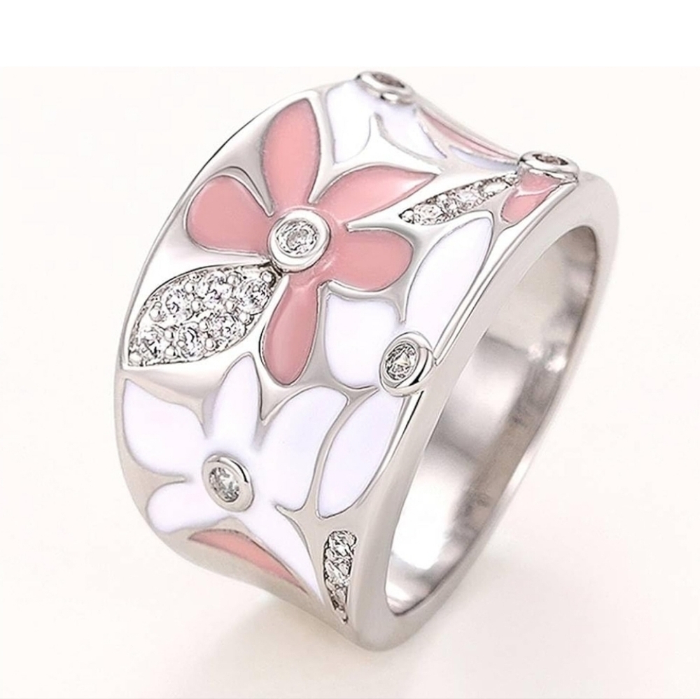 NEW Enamel Flower Ring | Cubic Zirconia - Pink Or White | Size 7 or 8 - Picture 6 of 11